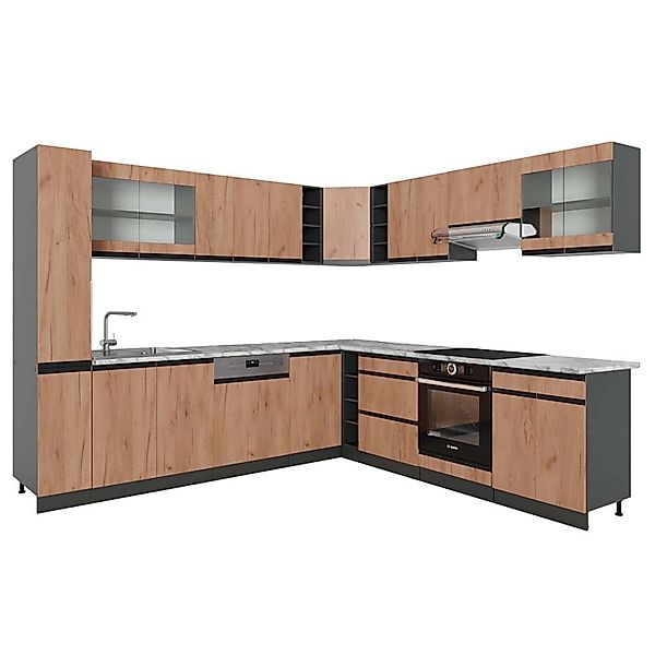 Vicco R-Line Eckküche Goldkraft Eiche/Anthrazit 257 x 277 cm J-ShapeAP Marm günstig online kaufen