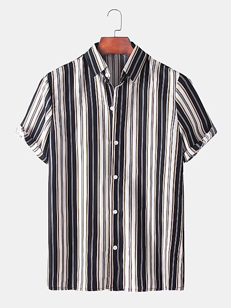 Mens Striped Light Turn-Down-Kragen Lässige Kurzarmhemden günstig online kaufen