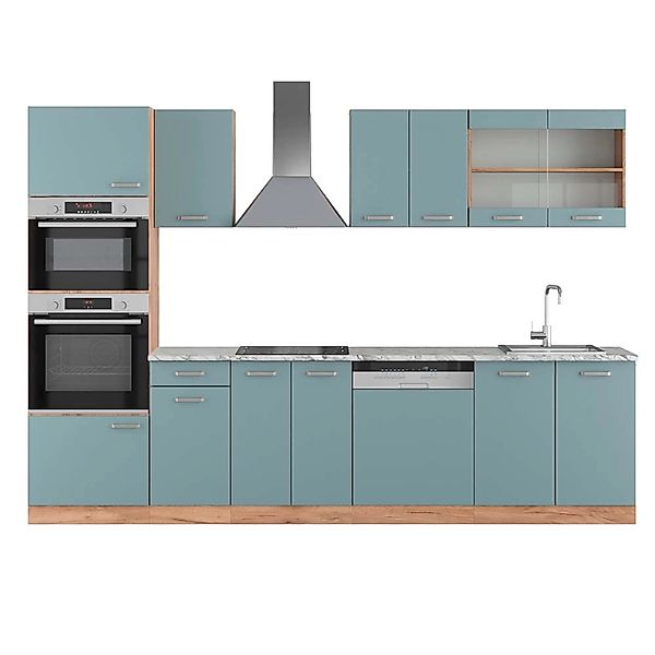 Vicco R-Line Küchenzeile Blau-Grau/Goldkraft Eiche 300 cm mit HochschrankAP günstig online kaufen