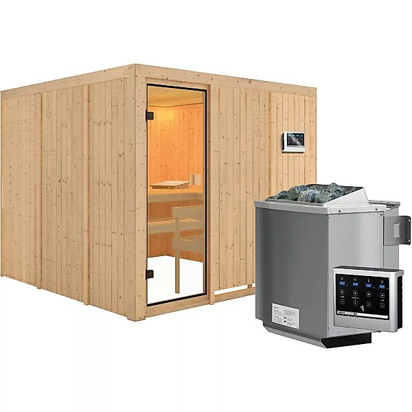 Karibu Sauna Arvika inkl. 9 kW Bio-Ofen mit ext. Strg., Glastür Bronziert günstig online kaufen