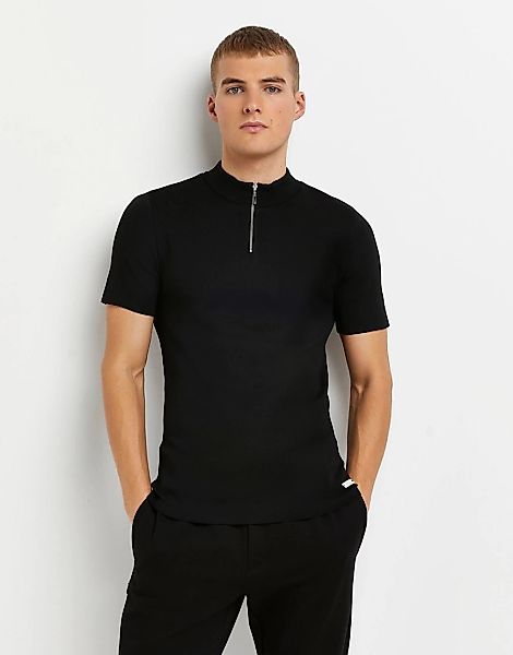 River Island – Strick-T-Shirt in Schwarz mit halblangem Reißverschluss günstig online kaufen