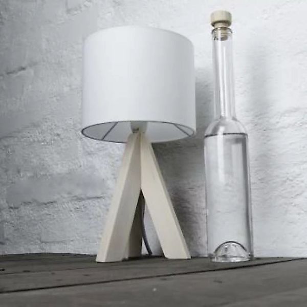 Weiße Tischleuchte Holz Fuß Stoff Schirm 31cm E27 günstig online kaufen
