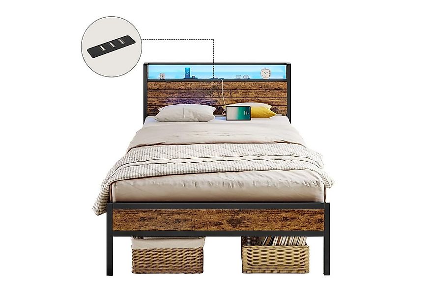 MSMASK Bettgestell Vintage Braun Metallbett mit 3 USB-Anschlüssen und LED B günstig online kaufen