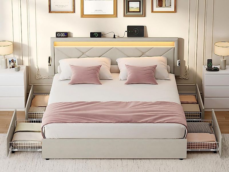 VASAGLE Polsterbett (140 x 200 cm, 4 Schubladen, verstellbares gepolstertes günstig online kaufen