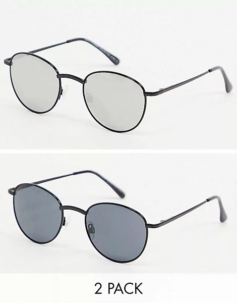 SVNX – 2er-Pack runde Sonnenbrillen in Schwarz mit verspiegelten Gläsern in günstig online kaufen