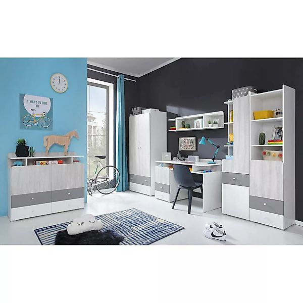 Jugendzimmer Set mit Kleiderschrank weiß, Eiche hell, grau COLLINS-133, 6-t günstig online kaufen