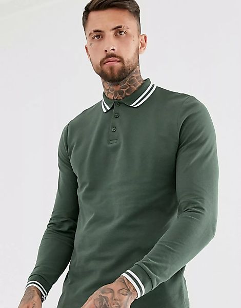 ASOS DESIGN – Langärmliges Piqué-Polohemd in Khaki mit Zierstreifen-Grün günstig online kaufen