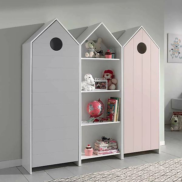 Kinderkleiderschrank Set in Grau und Rosa weißem Regal (dreiteilig) günstig online kaufen