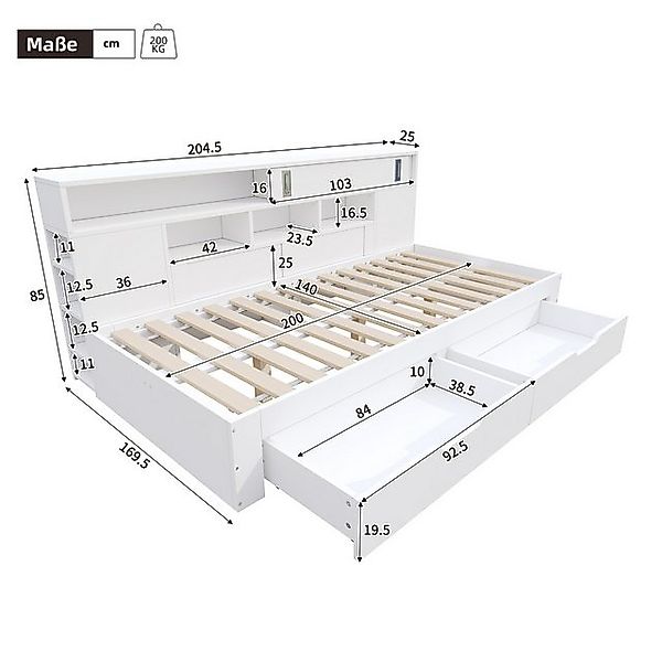 Flieks Daybett, Kinderbett Tagesbett 140x200cm mit 2 Schubladen und Staurau günstig online kaufen
