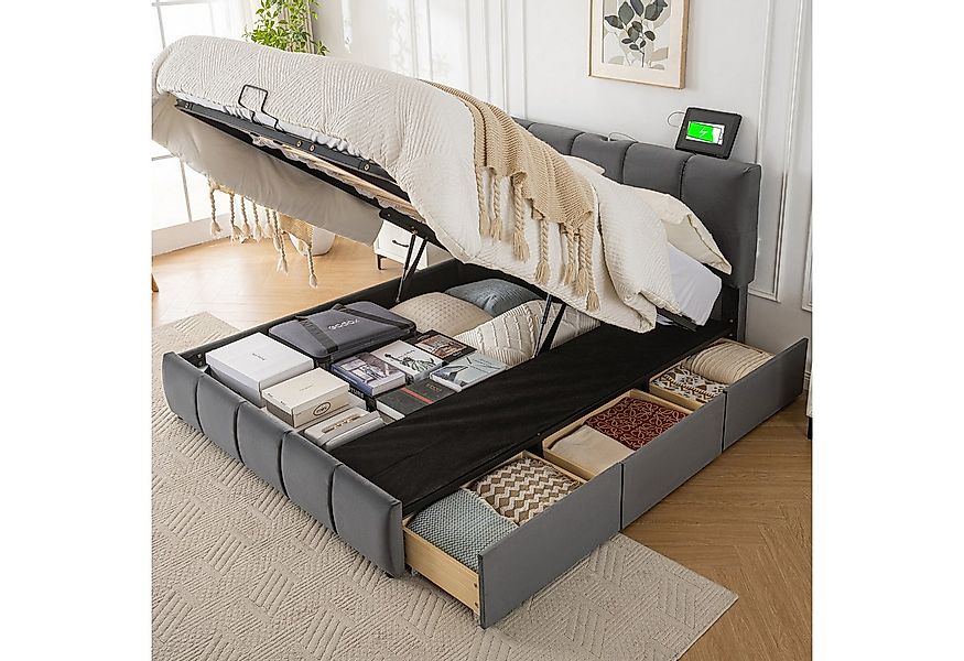 HAUSS SPOLE Polsterbett Doppelbett 140x200cm mit 3 Schubladen, 3 Ladeanschl günstig online kaufen
