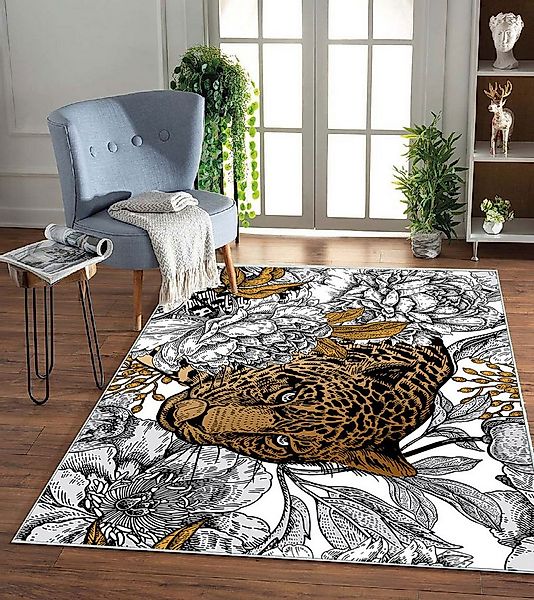 Jungengel Teppich Wildflower Jaguar Läufer Teppichläufer Weiß Gold Waschbar günstig online kaufen