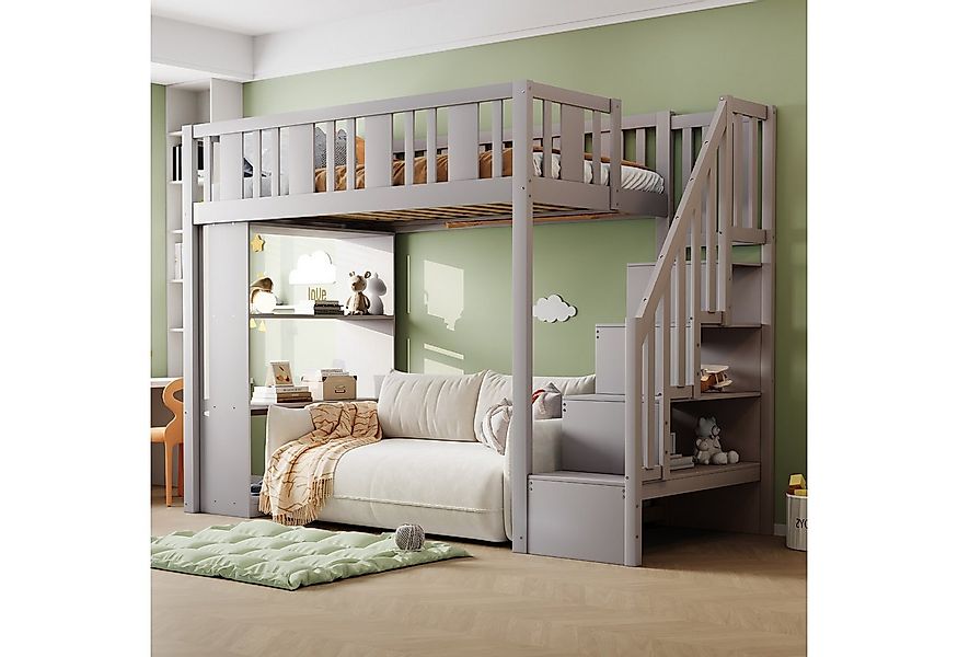 Flieks Hochbett Kinderbett 90x200cm mit Stauraumtreppe und mehreren großen günstig online kaufen