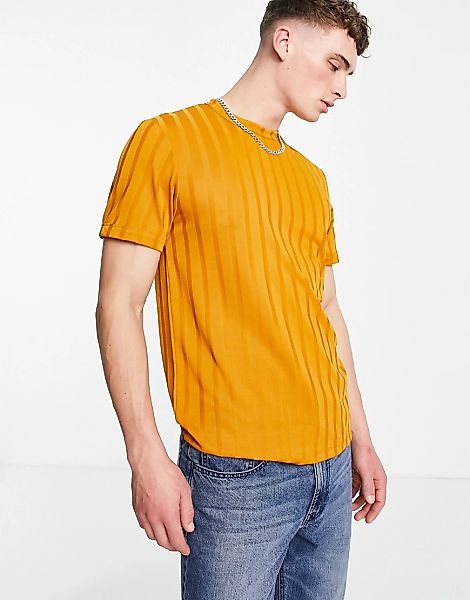 ASOS DESIGN – Geripptes T-Shirt in Dunkelgelb günstig online kaufen