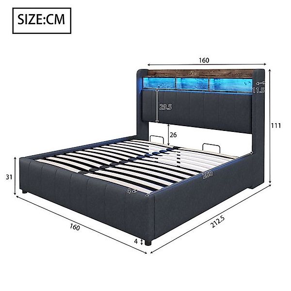 Flieks Polsterbett, LED hydraulisches Doppelbett 160x200cm mit USB-Aufladen günstig online kaufen