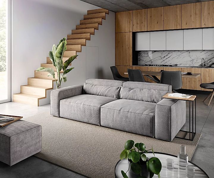 Big-Sofa Sirpio L 260x110 cm Cord Silbergrau mit Hocker günstig online kaufen