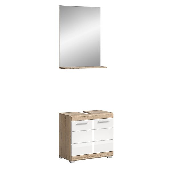 Badkombi Lambada Waschbeckenunterschrank Eiche Hell/Weiß Hochglanz 60 cm 2- günstig online kaufen