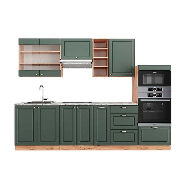 Vicco Fame-Line Küchenzeile Grün-Gold Landhaus/Goldkraft Eiche 280 cm AP Ma günstig online kaufen