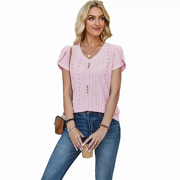 RUZU UG T-Shirt Einfarbiges Patchwork-T-Shirt mit Blütenblattärmeln und V-A günstig online kaufen