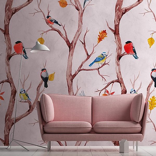 PROFHOME 382301-GU Fototapete Vogelmuster Rosa Braun Gelb Blau 1,59 m x 2,8 günstig online kaufen