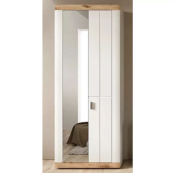 Flurschrank mit Spiegel in Weiß und Wildeiche Holzoptik 193 cm hoch günstig online kaufen