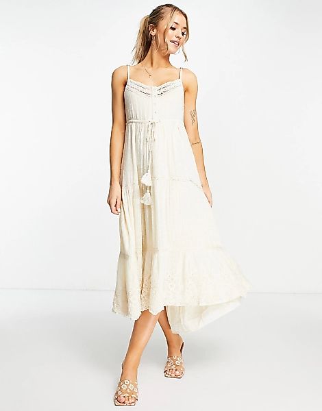 Raga – Rashel – Kleid mit Spitze in Beige und Button-Down-Kragen-Neutral günstig online kaufen