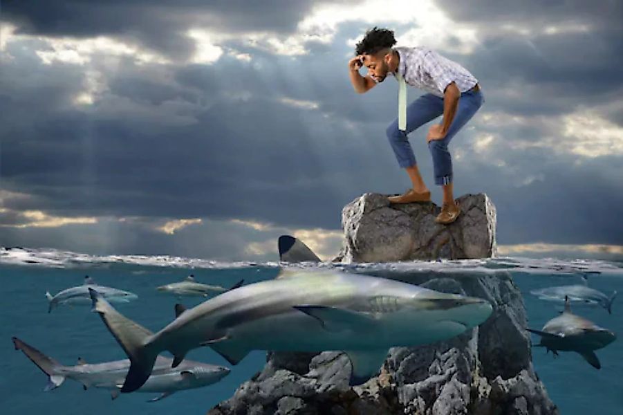 Papermoon Fototapete »Mann mit Haien« günstig online kaufen