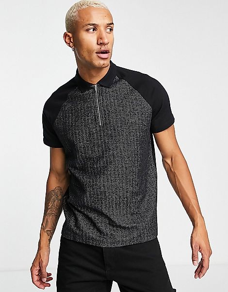ASOS DESIGN – Polo-T-Shirt in Schwarz mit Struktur und kurzem Reißverschlus günstig online kaufen