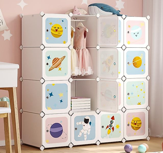 SONGMICS Kinderkleiderschrank Kinderregal mit 4 Kleiderstangen und 16 Würfe günstig online kaufen