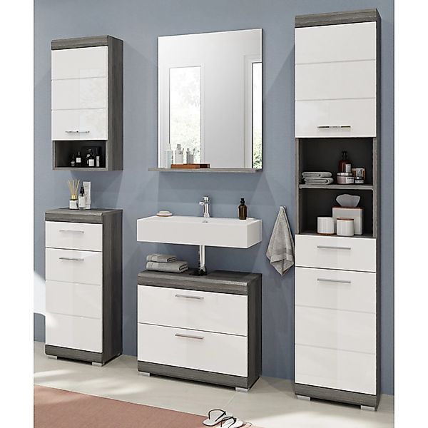Inn.Furn Badmöbel-Set Weiß Hochglanz Grau 5-teilig 164 cm Vollauszug Shawn günstig online kaufen