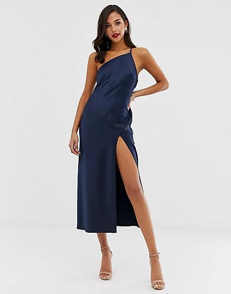 ASOS DESIGN – Midaxi-Kleid aus Satin in Marineblau mit One-Shoulder-Träger günstig online kaufen
