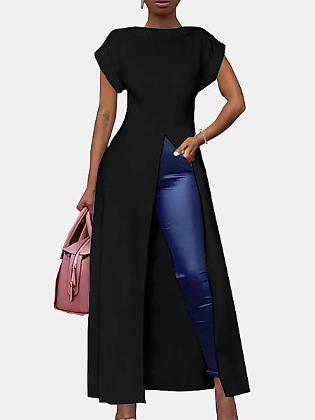 Geteilte einfarbige kurzärmlige lange Bluse mit O-Ausschnitt für Damen günstig online kaufen