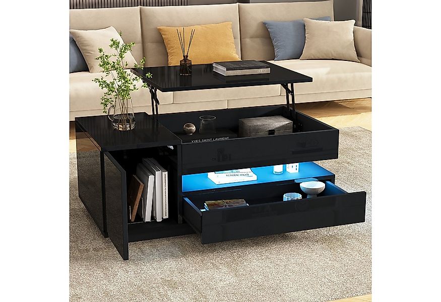 Merax Couchtisch anhebbarer Sofatisch hochglanz Beistelltisch mit LED-Beleu günstig online kaufen