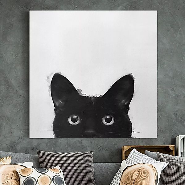 Leinwandbild - Quadrat Illustration Schwarze Katze auf Weiß Malerei günstig online kaufen