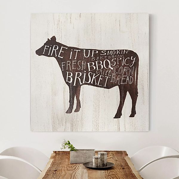 Leinwandbild Küchenspruch - Quadrat Bauernhof BBQ - Kuh günstig online kaufen