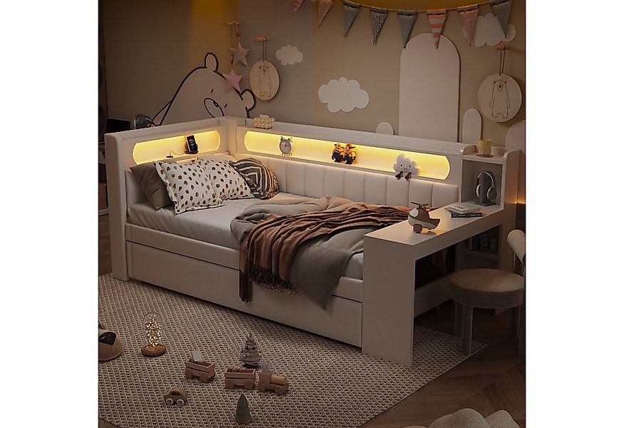 Ulife Polsterbett Tagesbett Kinderbett mit LED-Beleuchtung und Schreibtisch günstig online kaufen