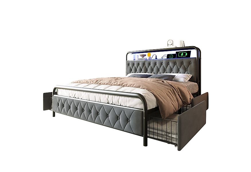 Flieks Metallbett, LED Polsterbett Doppelbett 160x200cm mit Ladenfunktion + günstig online kaufen