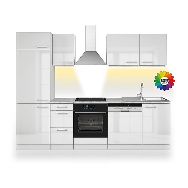 Vicco Optima Küchenzeile Weiß 270 cm ohne Arbeitsplatte mit LED-LeistenOpti günstig online kaufen