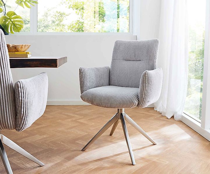 Drehstuhl Jova-Flex mit Armlehnen Bouclé Weiß Kreuzgestell breit Edelstahl günstig online kaufen