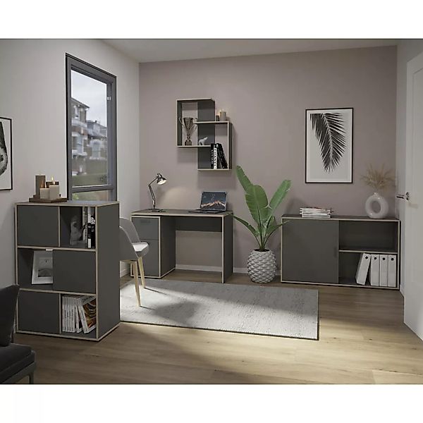 Büromöbel Komplett Set, 4-teilig, in anthrazit mit Eiche-Kante, EMPOLI-10 günstig online kaufen