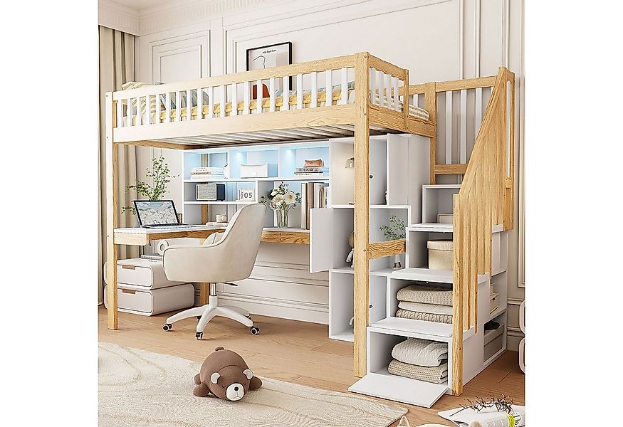 Flieks Hochbett Kinderbett 90x200cm mit Ambientelicht, Ablagefächer und Sch günstig online kaufen