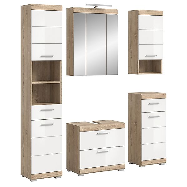 Badkombi Lambada Spiegelschrank/Beleuchtung Eiche/Weiß Hochglanz 164 cm 5-t günstig online kaufen