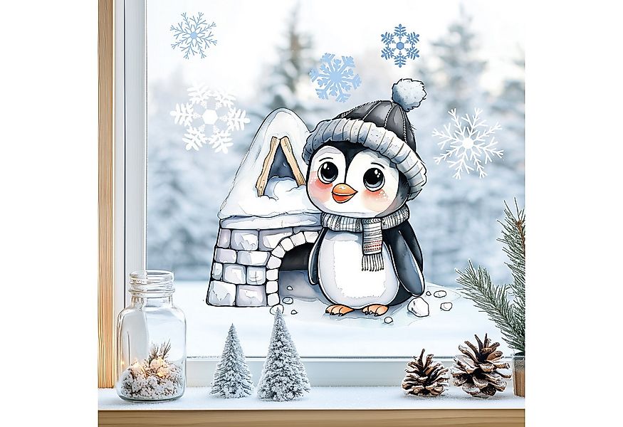 Sunnywall Fensterdekoration Kinderzimmer Fensterbild Winter Pinguin mit Igl günstig online kaufen