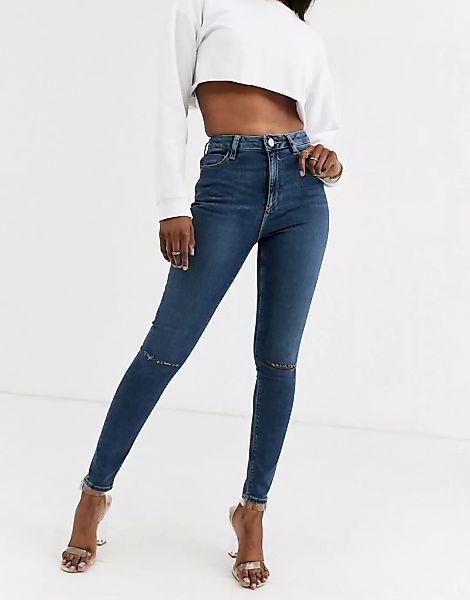 ASOS DESIGN – Ridley – Enge Jeans mit hoher Taille und Zierrissen am Knie i günstig online kaufen