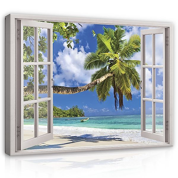 Wallarena Leinwandbild Fenster Strand Meer Palmen günstig online kaufen