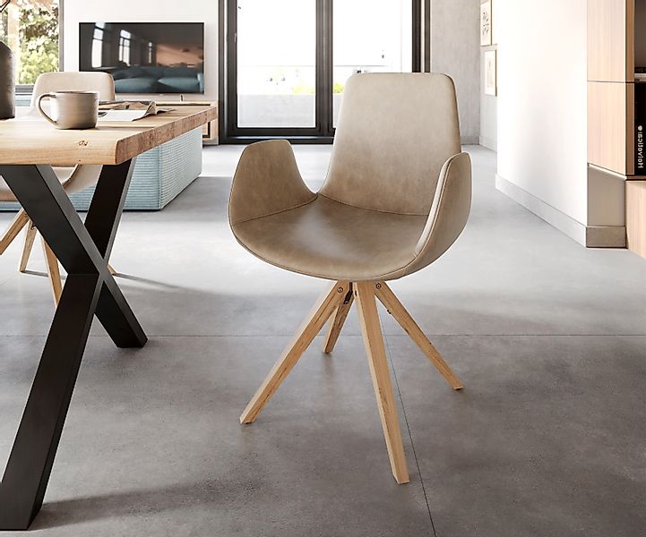 Esszimmerstuhl Ilia-Flex mit Armlehnen Mikrofaser Beige Vintage Holzgestell günstig online kaufen