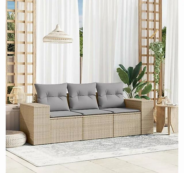 vidaXL Loungesofa 3-tlg. Garten-Sofagarnitur mit Kissen Beige Poly Rattan, günstig online kaufen