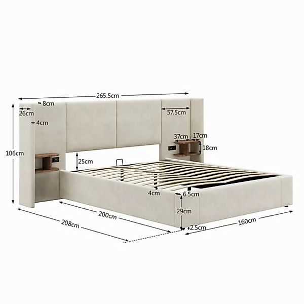 Flieks Polsterbett, Hydraulisches Doppelbett 160x200cm mit USB-Aufladen und günstig online kaufen