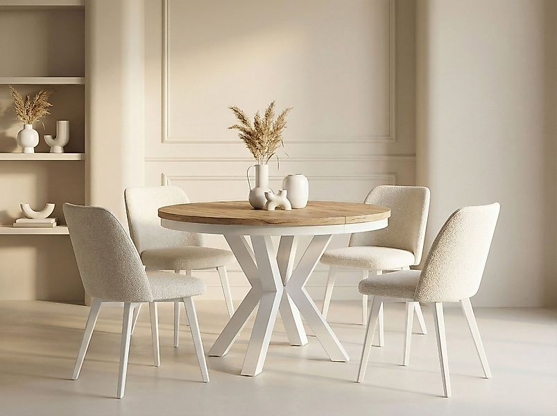 WFL GROUP Esstisch Clara White im Loft-Stil rund ausziehbar mit weißen Meta günstig online kaufen