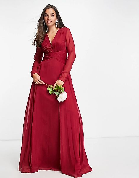 ASOS DESIGN Bridesmaid – Langärmliges Maxikleid mit geraffter Taille und Pl günstig online kaufen