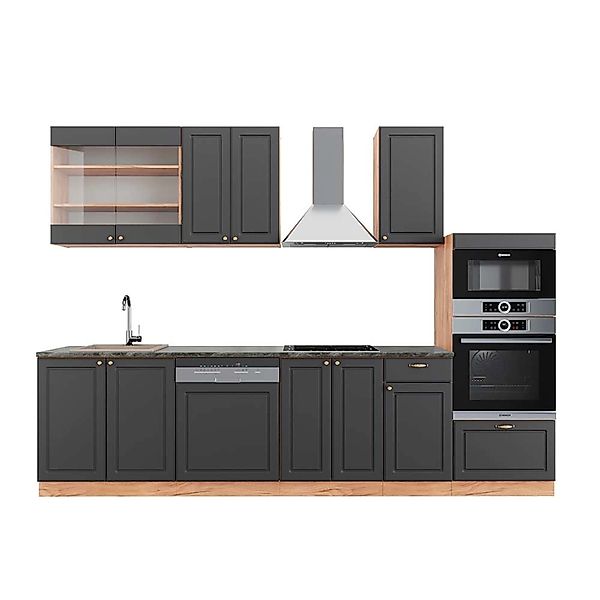 Vicco Fame-Line Küchenzeile Anthrazit Landhaus/Goldkraft Eiche 300 cm mit H günstig online kaufen